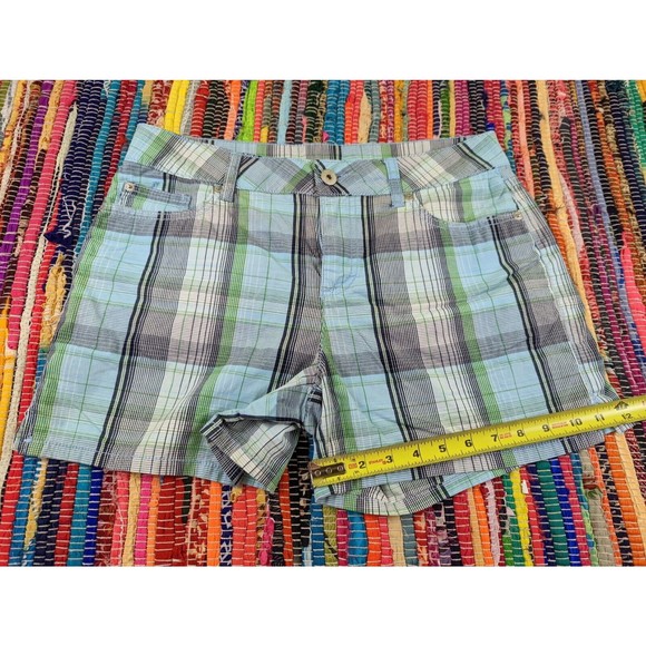 FADED GLORY Women 10 Blue Green Plaid Mid Rise Stretch Chino Shorts Flap Pockets - Picture 9 of 9